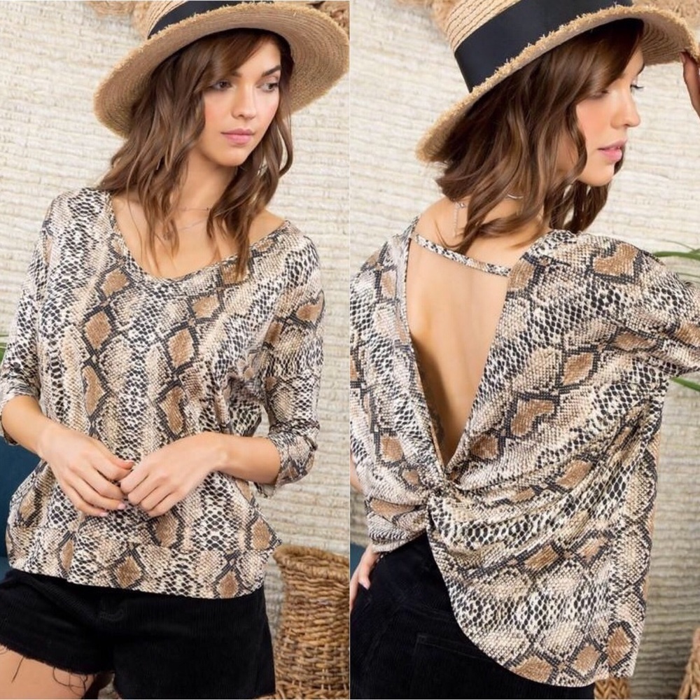 Brown Twist Back Snake Print top